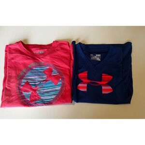 2 Under Armour Kids Youth Small/Medium Loose HeatGear Tshirts Logo Athletic Tops